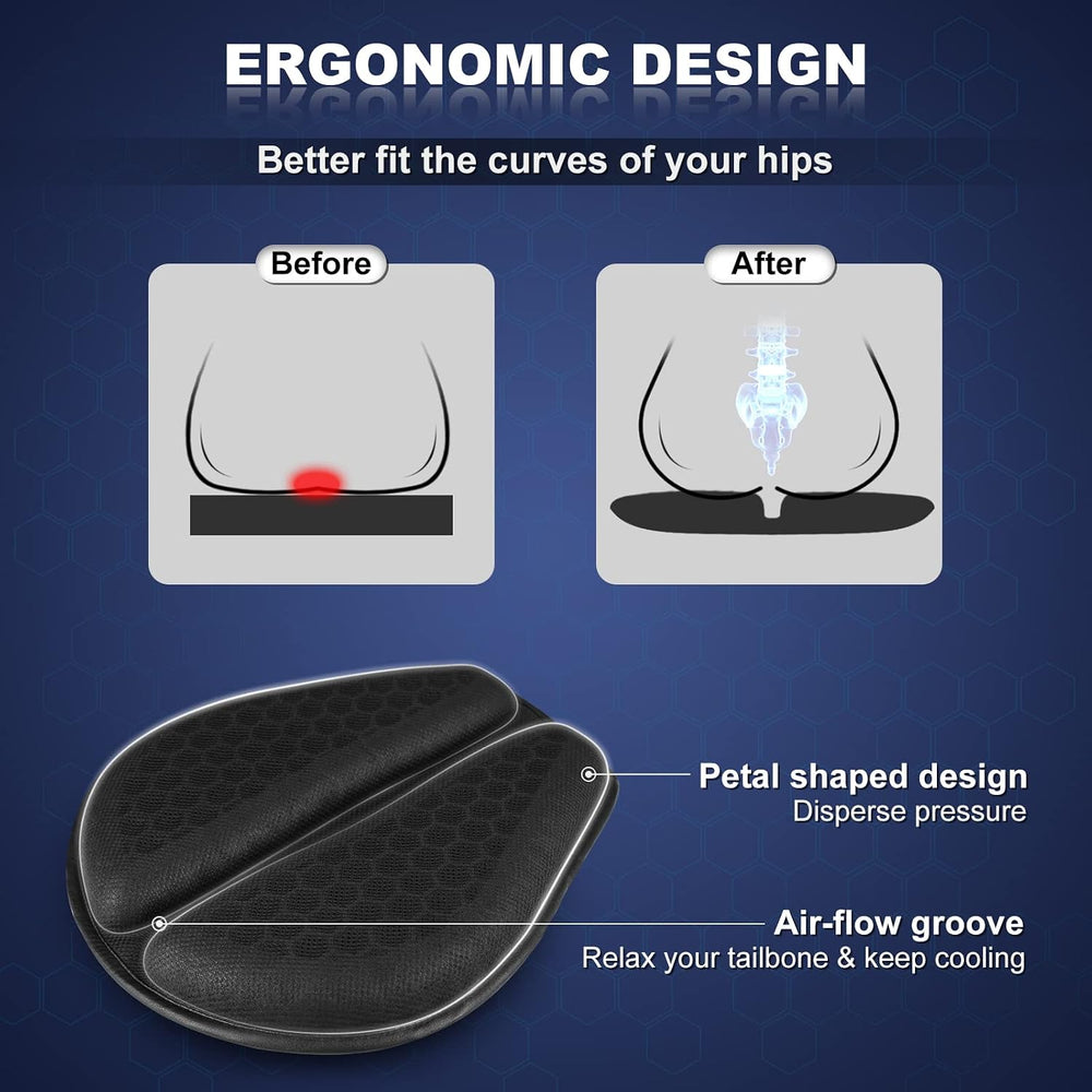 Ergonomic cushion illustration showing two contoured sides and a recessed central channel